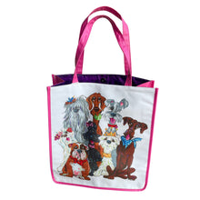 Backside of the 'Best In Show' tote, a canvas of vivid dog portraits crafted by artist Debby Carman.