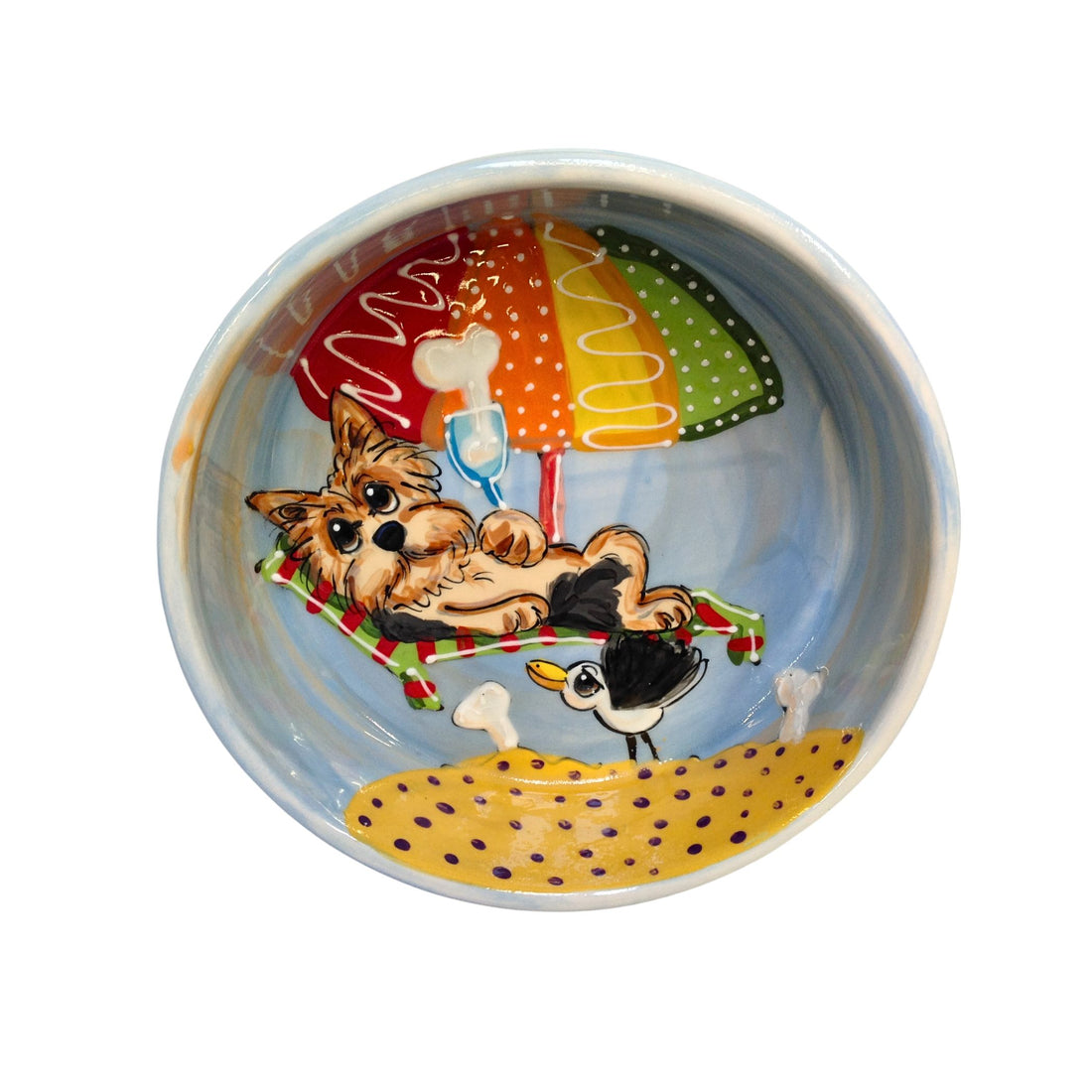 Custom hand-painted ceramic pet bowl featuring a Yorkshire Terrier, designed by Laguna Beach artist Debby Carman