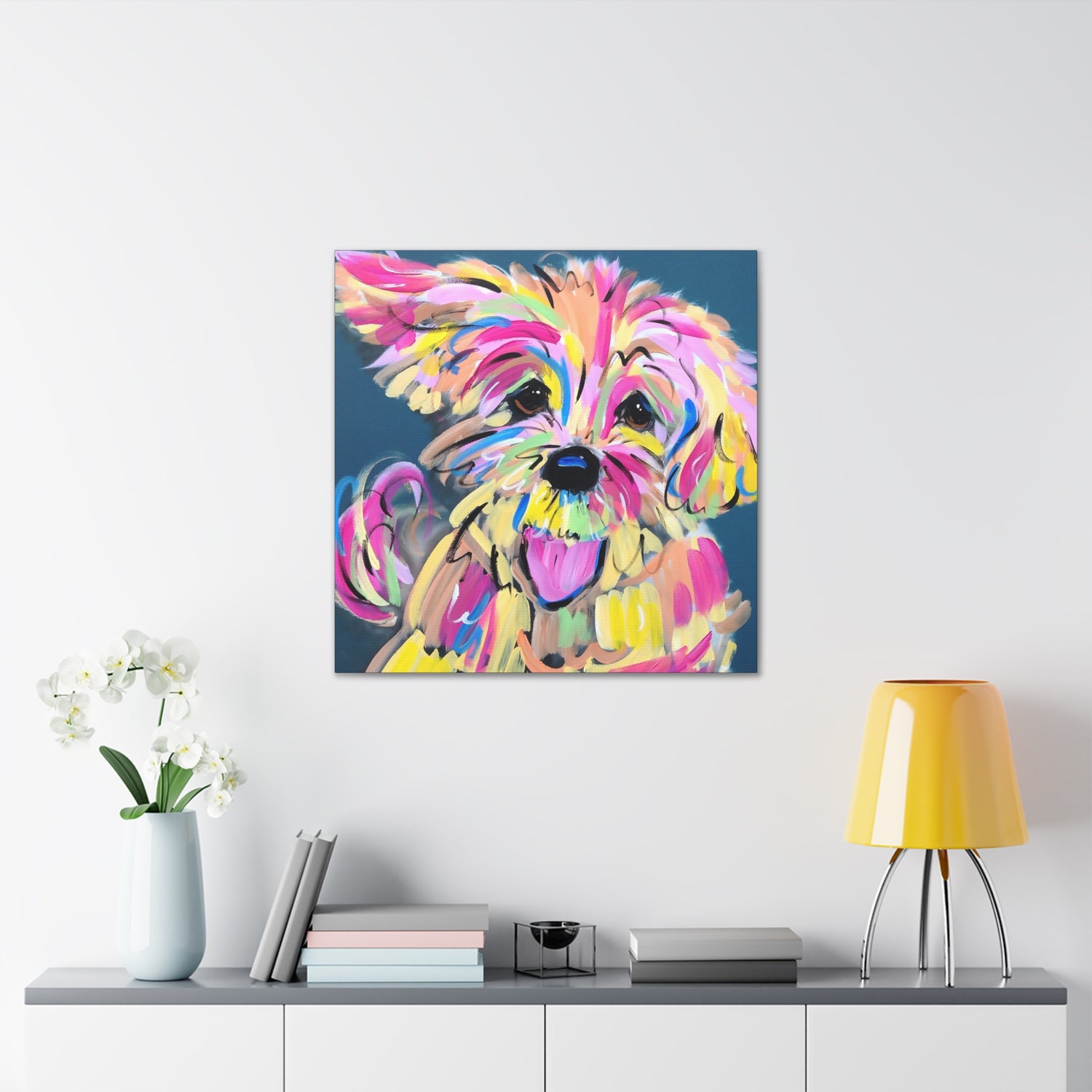 Colorful Happy Dog Face Painting by Pet Artist Debby Carman - Premium Canvas Artwork for Pet Lovers