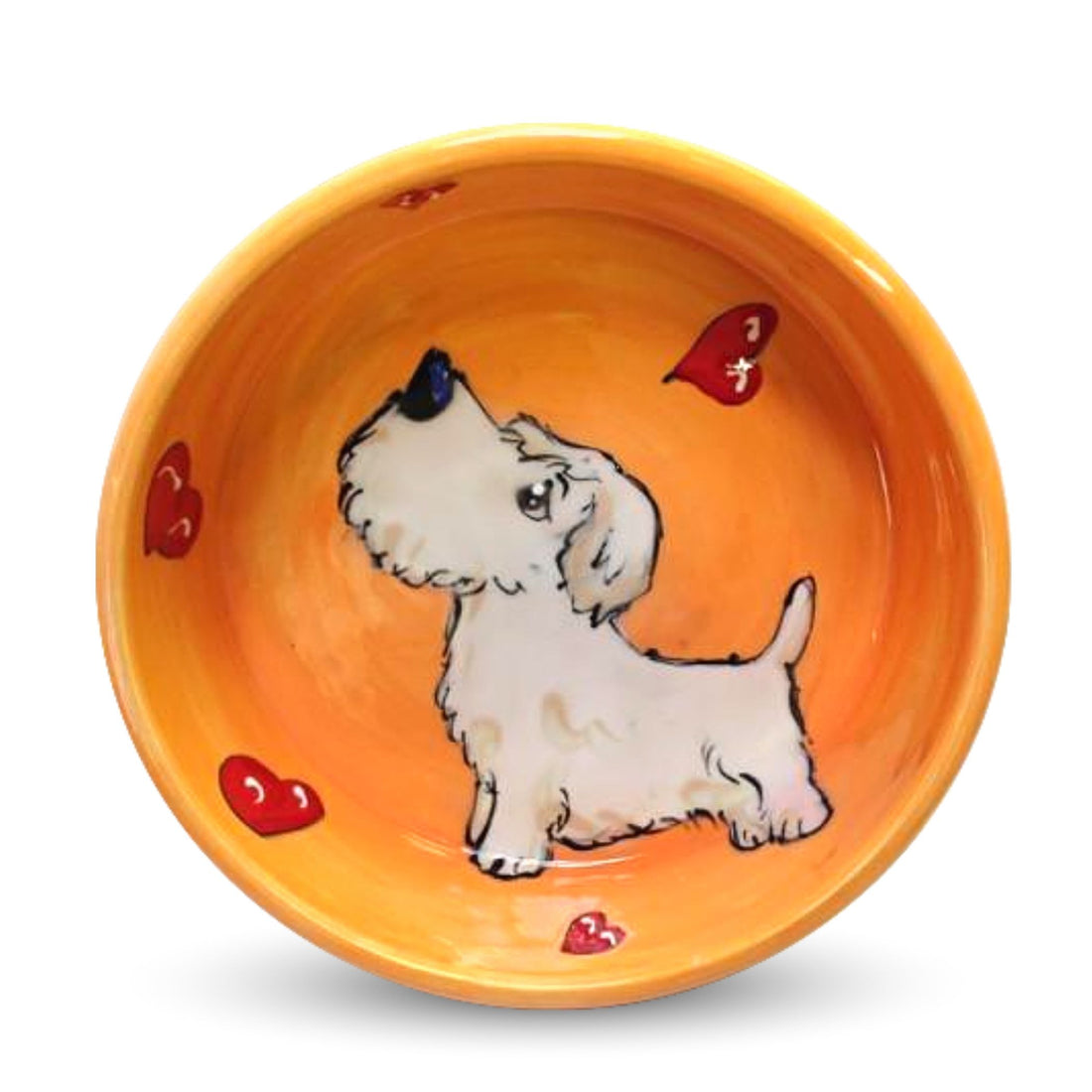 Hand-painted orange ceramic Sealyham Terrier bowl adorned with red hearts by Debby Carman, illustrating love and affection, food safe, microwave and dishwasher safe, available at FauxPaw.com