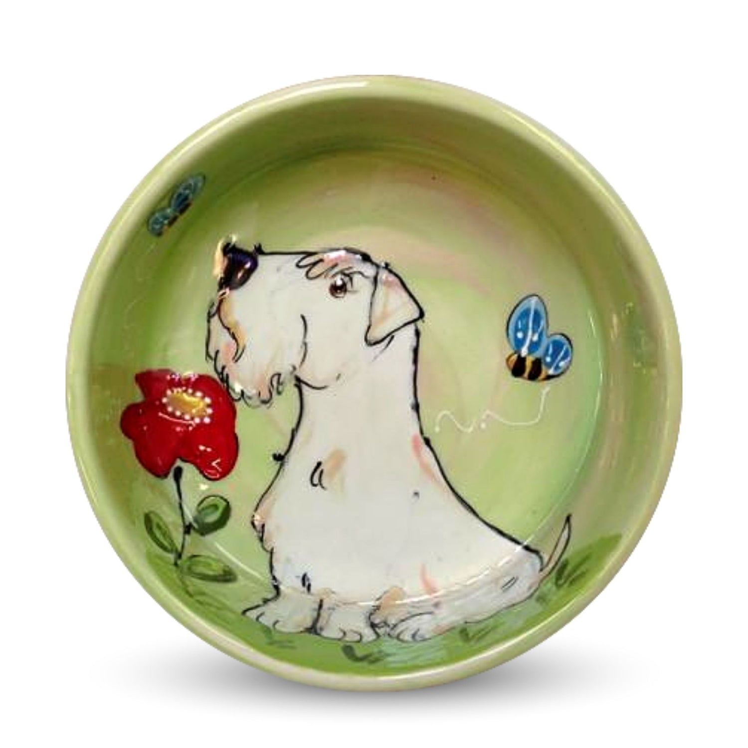 Hand-painted green ceramic bowl with a Sealyham Terrier, red flower, and bees, by Debby Carman, food safe, microwave and dishwasher safe, a springtime celebration for pets, available at FauxPaw.com.