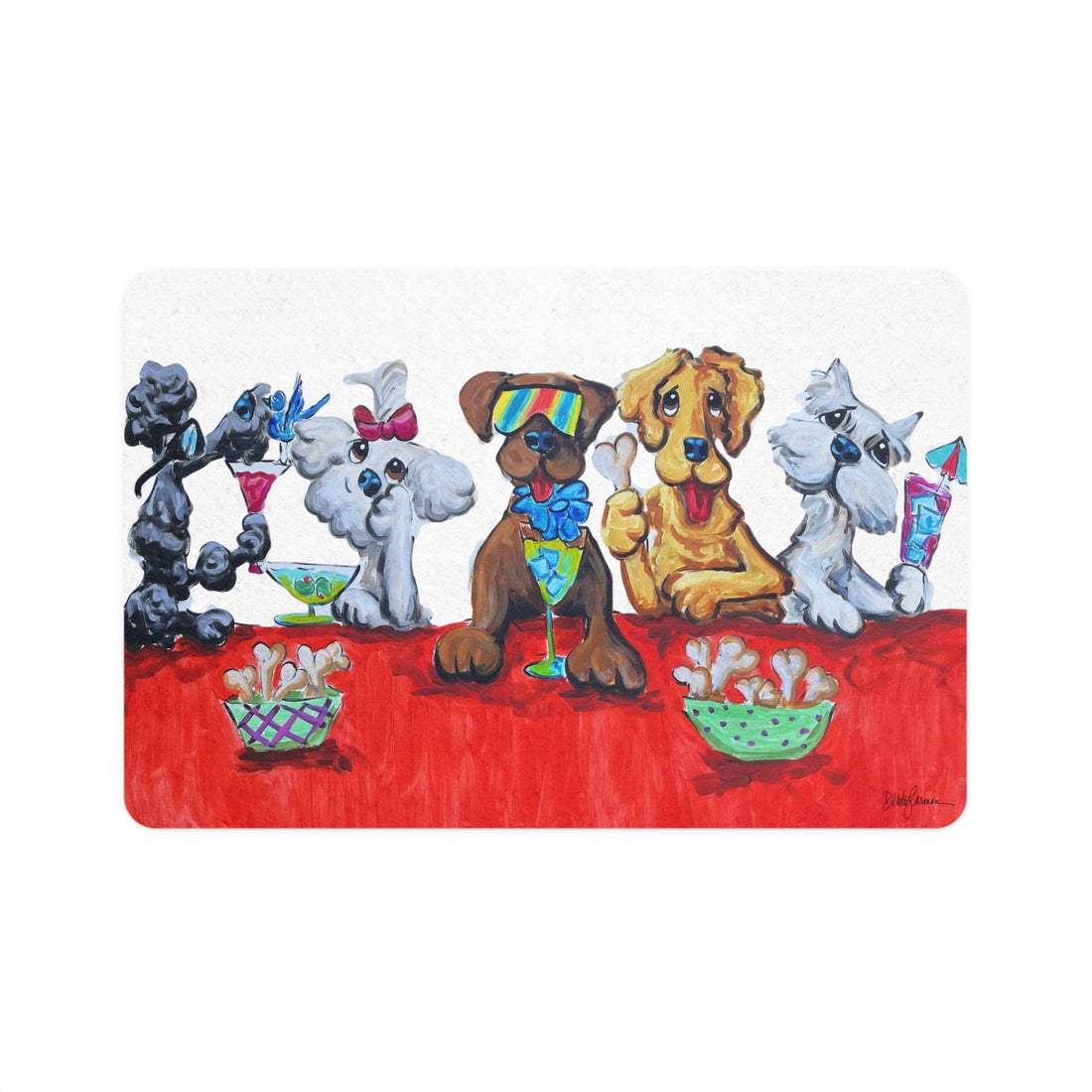 Yappy Hour Dog and Cat Pet Food Mat - Funny Dogs Enjoying Cocktails at the Bar