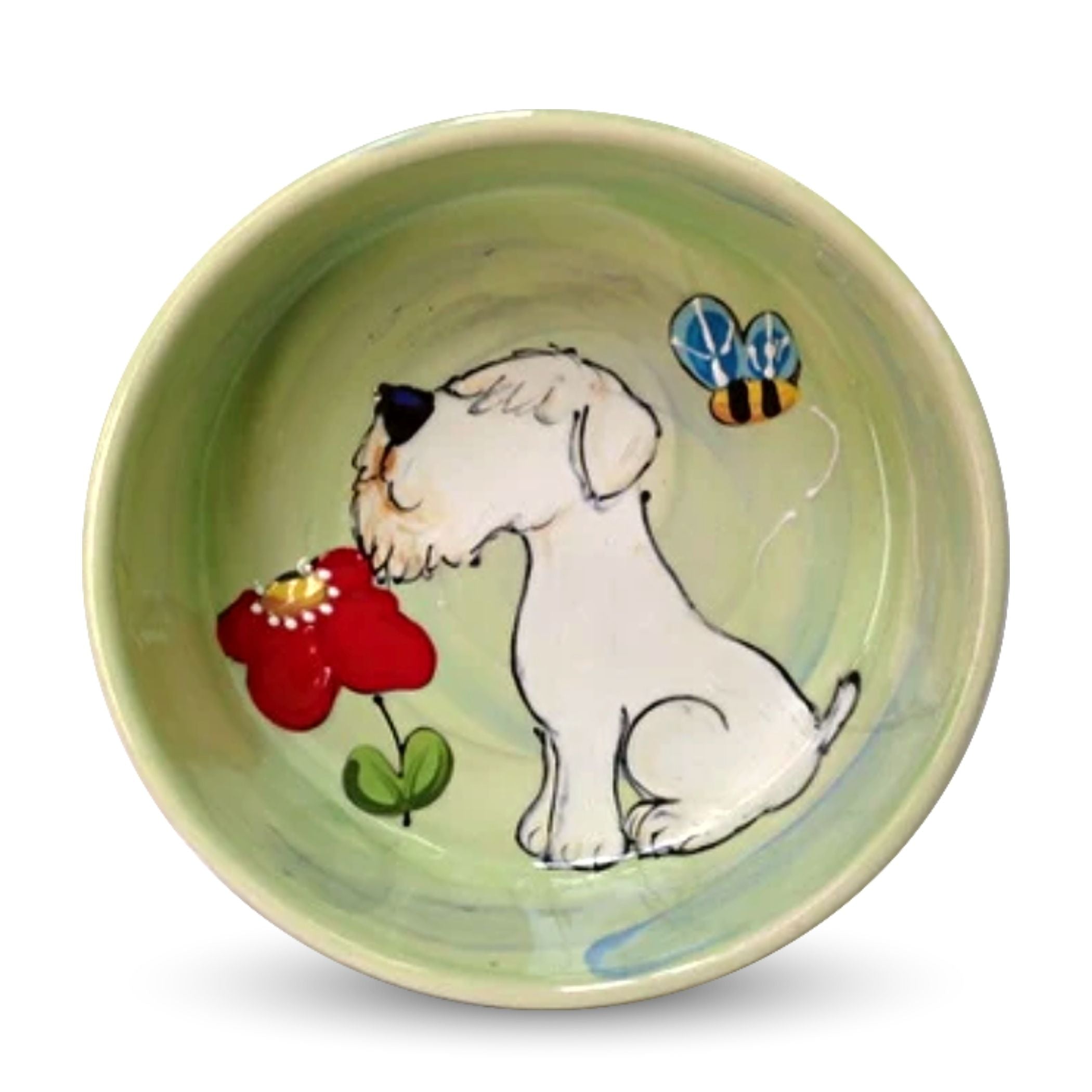 Hand-painted ceramic Sealyham Terrier bowl with a garden sniff scene, bees, and a red flower, by Debby Carman, food safe, microwave and dishwasher safe, capturing a serene outdoor essence, available at FauxPaw.com