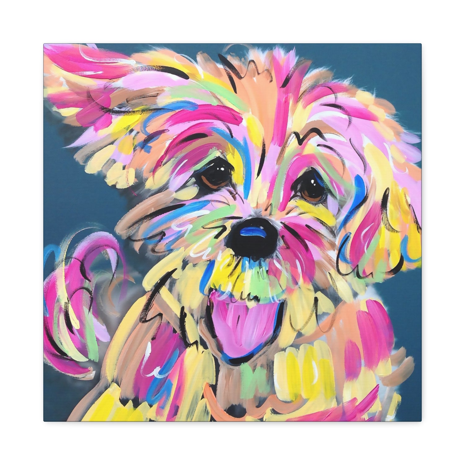 Colorful Happy Dog Face Painting by Pet Artist Debby Carman - Premium Canvas Artwork for Pet Lovers