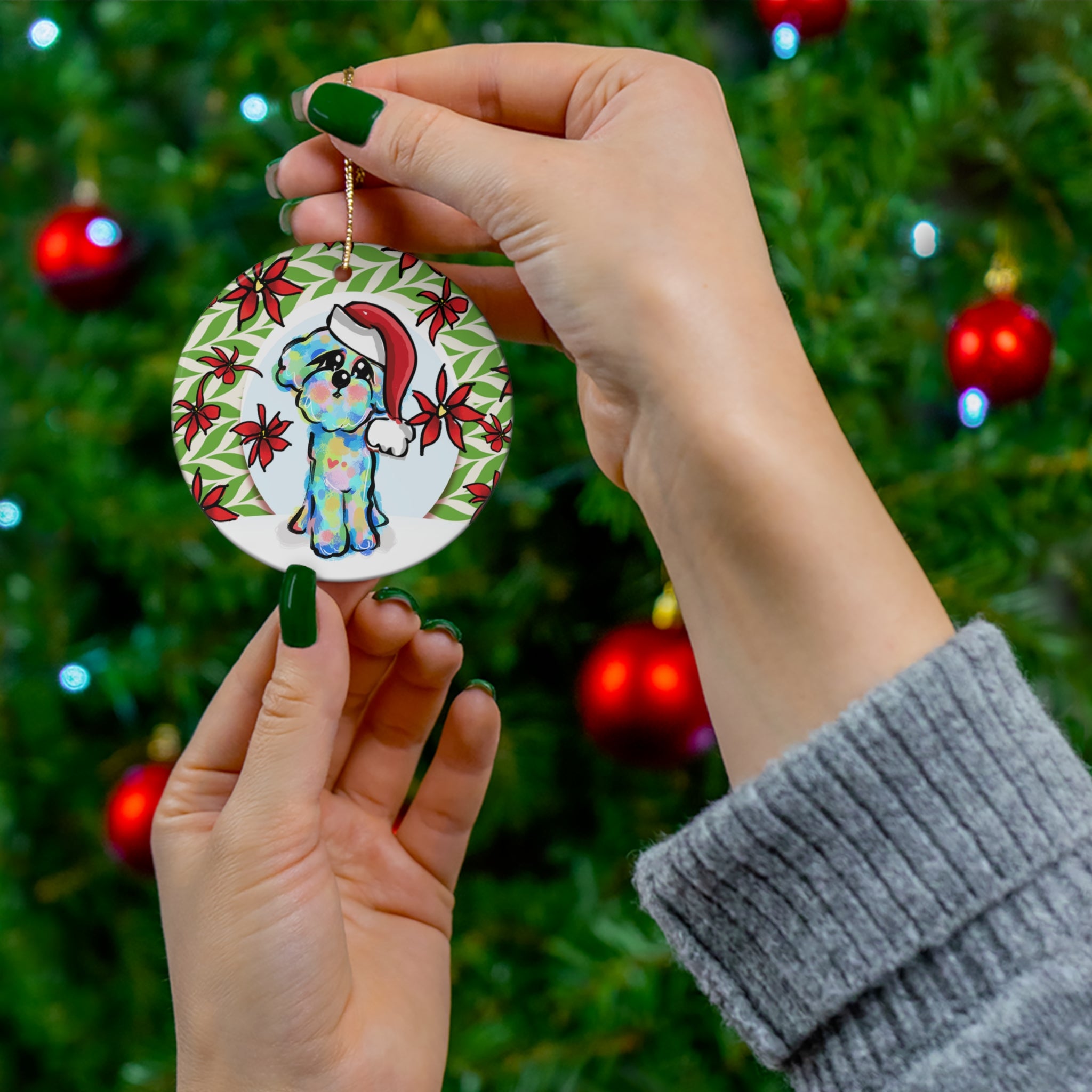 Santa Paws Bichon Ceramic Ornament