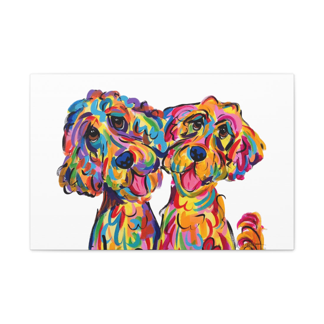 Vibrant multi-colored canvas giclée painting of two playful dogs by Debby Carman.