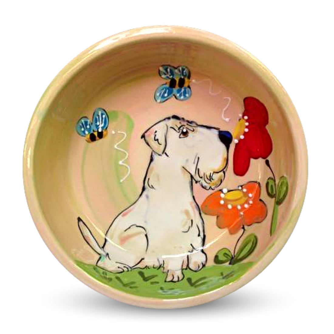 Hand-painted ceramic bowl featuring a Sealyham Terrier, colorful flowers, and bees, by Debby Carman, food safe, microwave and dishwasher safe, perfect for a pet&