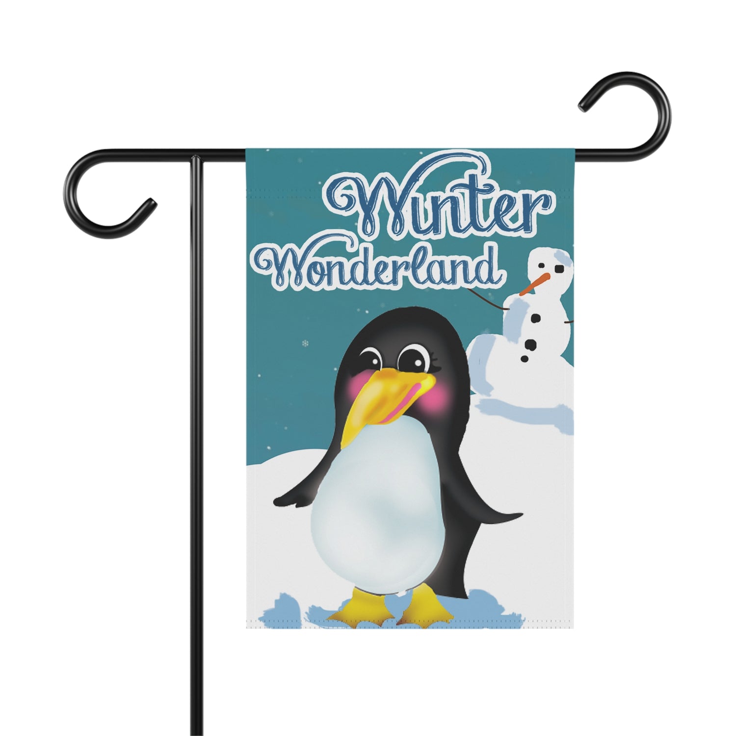 Winter-themed garden flag featuring a cheerful penguin with a snowman in the background, highlighted by the caption &