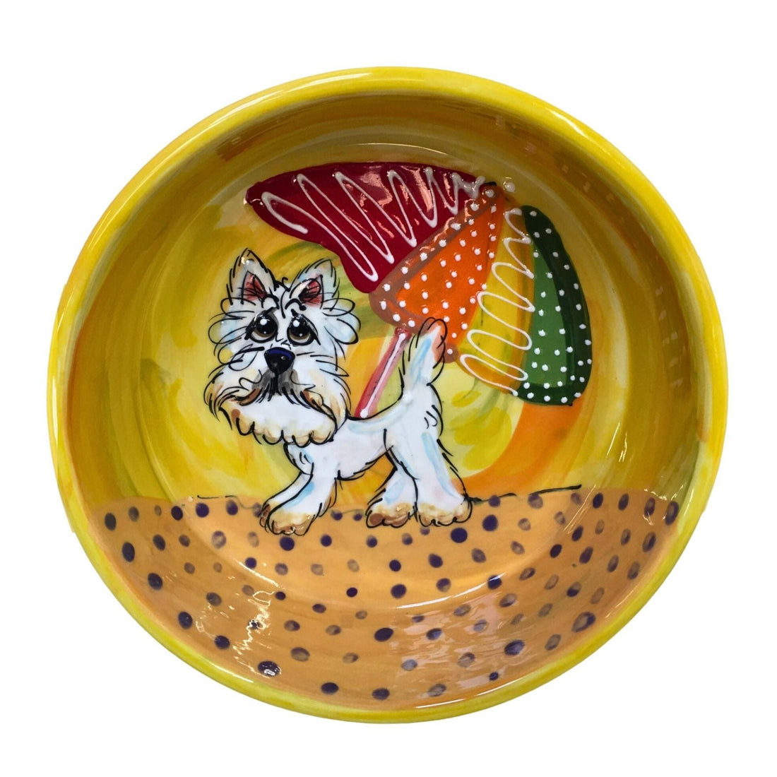 Custom hand-painted ceramic pet bowl with a West Highland Terrier design, colorful beach umbrellas in the background, by Laguna Beach Artist Debby Carman