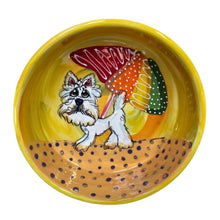 Custom hand-painted ceramic pet bowl with a West Highland Terrier design, colorful beach umbrellas in the background, by Laguna Beach Artist Debby Carman