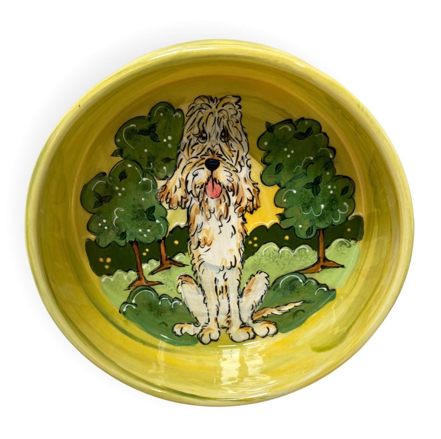 Custom Painted Otterhound Dog Bowl with Lush Forest Background