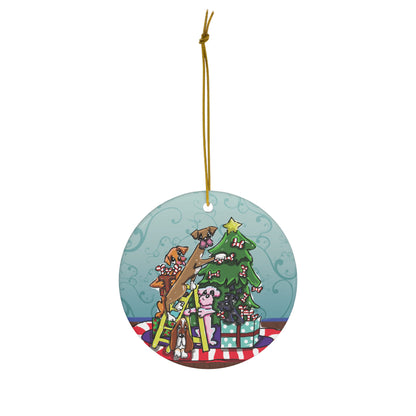 Animated dogs playfully trying to reach a star on a Christmas tree, set against a light blue background with subtle snowflakes, as part of a circular holiday ornament with a golden hanging string.