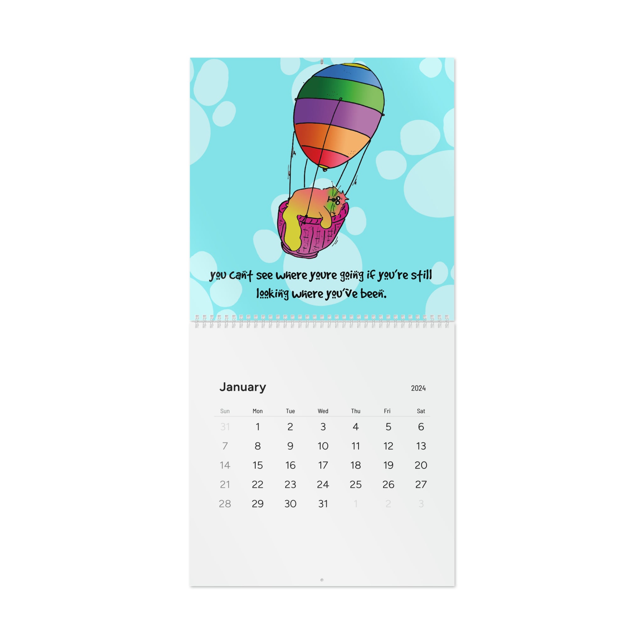 A 2024 calendar featuring colorful cartoon illustrations by Debby Carman, each month showcasing a unique and whimsical image with an inspirational quote, available in high-gloss premium and regular matte finishes