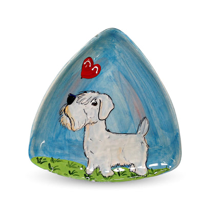 Hand-painted triangle ceramic trophy plate with a Sealyham Terrier and red heart design by Debby Carman, perfect for dog show awards, available at FauxPaw.com.