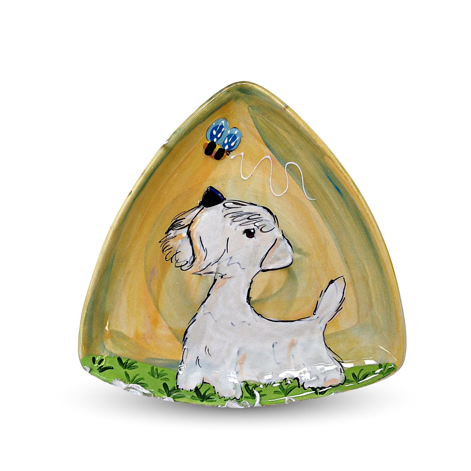 Triangle ceramic award plate featuring a Sealyham Terrier and blue butterfly, hand-painted by Debby Carman, ideal for dog show champions, available at FauxPaw.com.