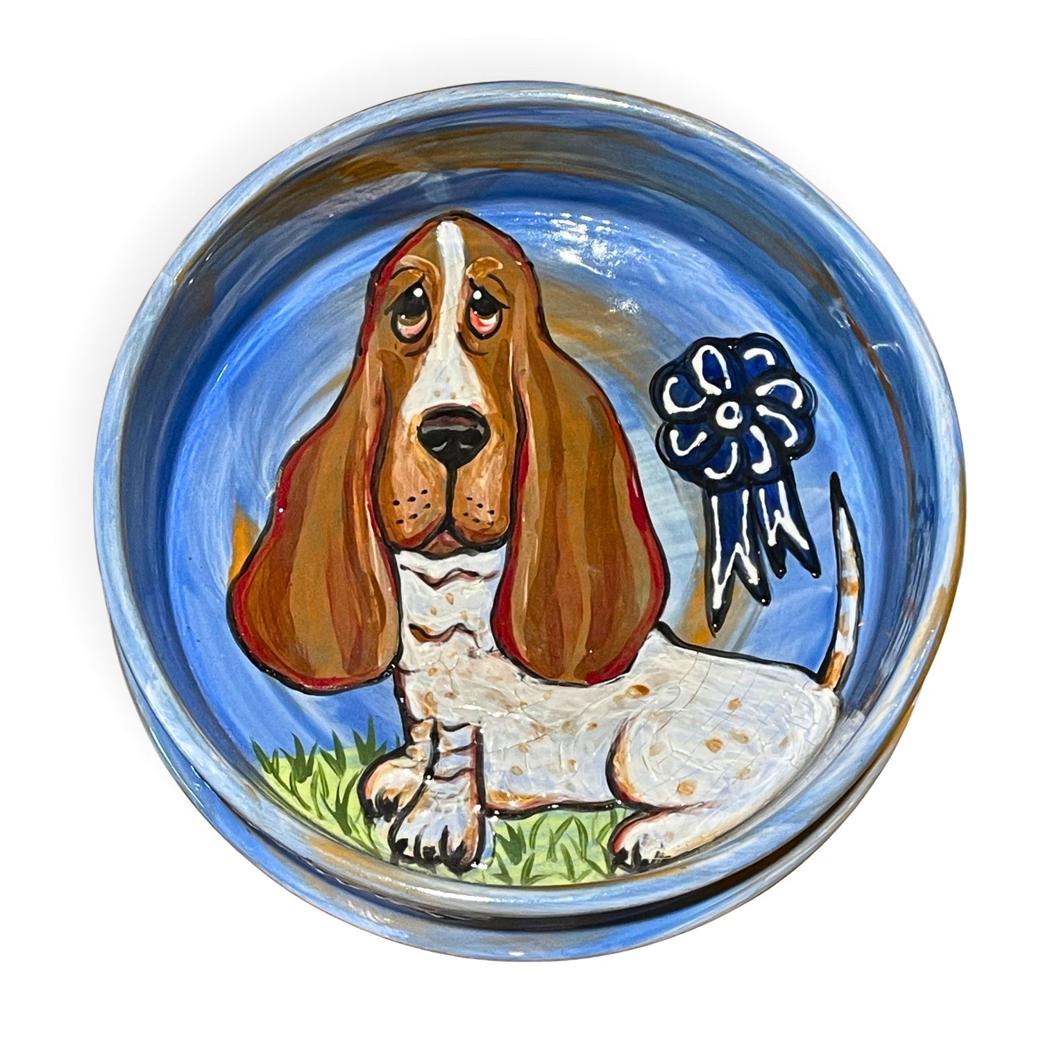 Hand-painted presentation bowl with a basset hound illustration, blue sky and clouds design, ideal for breed club show event awards