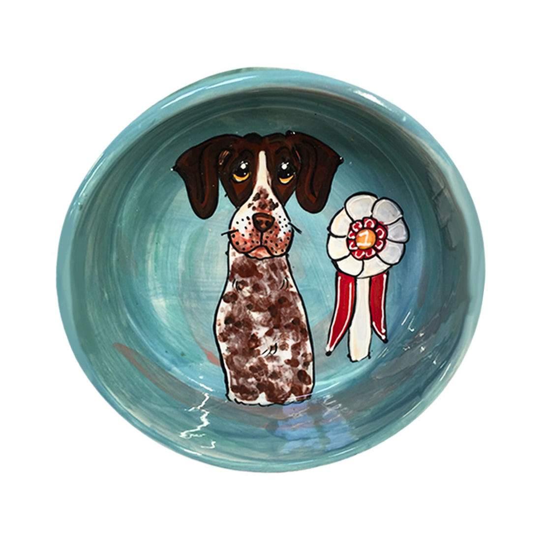 Hand-painted ceramic German Shorthaired Pointer dog bowl with trophy design, customizable and made in the USA, available at fauxpaw.com.