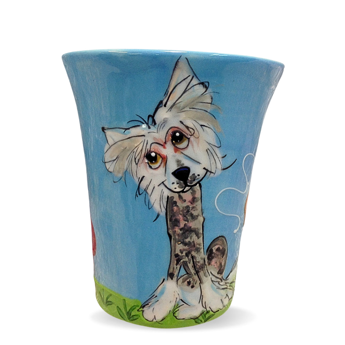 A 12 oz ceramic mug painted with a charming, shaggy dog against a calming blue background, exuding whimsical charm, with a green grass base, created by Debby Carman.