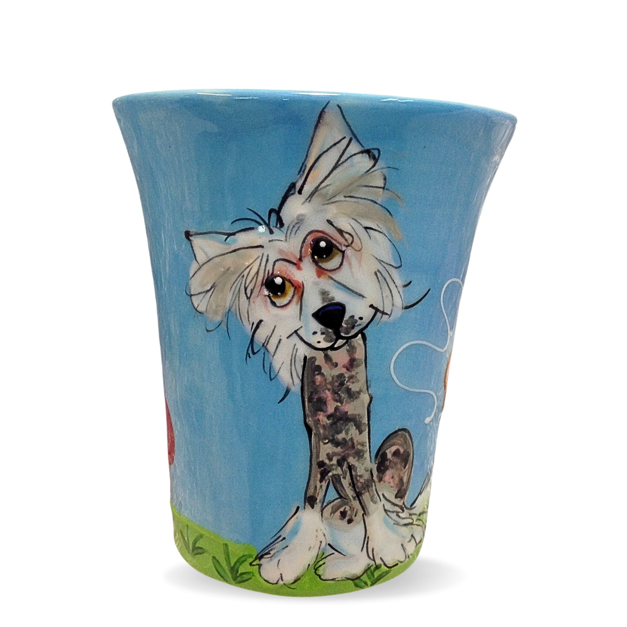 A 12 oz ceramic mug painted with a charming, shaggy dog against a calming blue background, exuding whimsical charm, with a green grass base, created by Debby Carman.