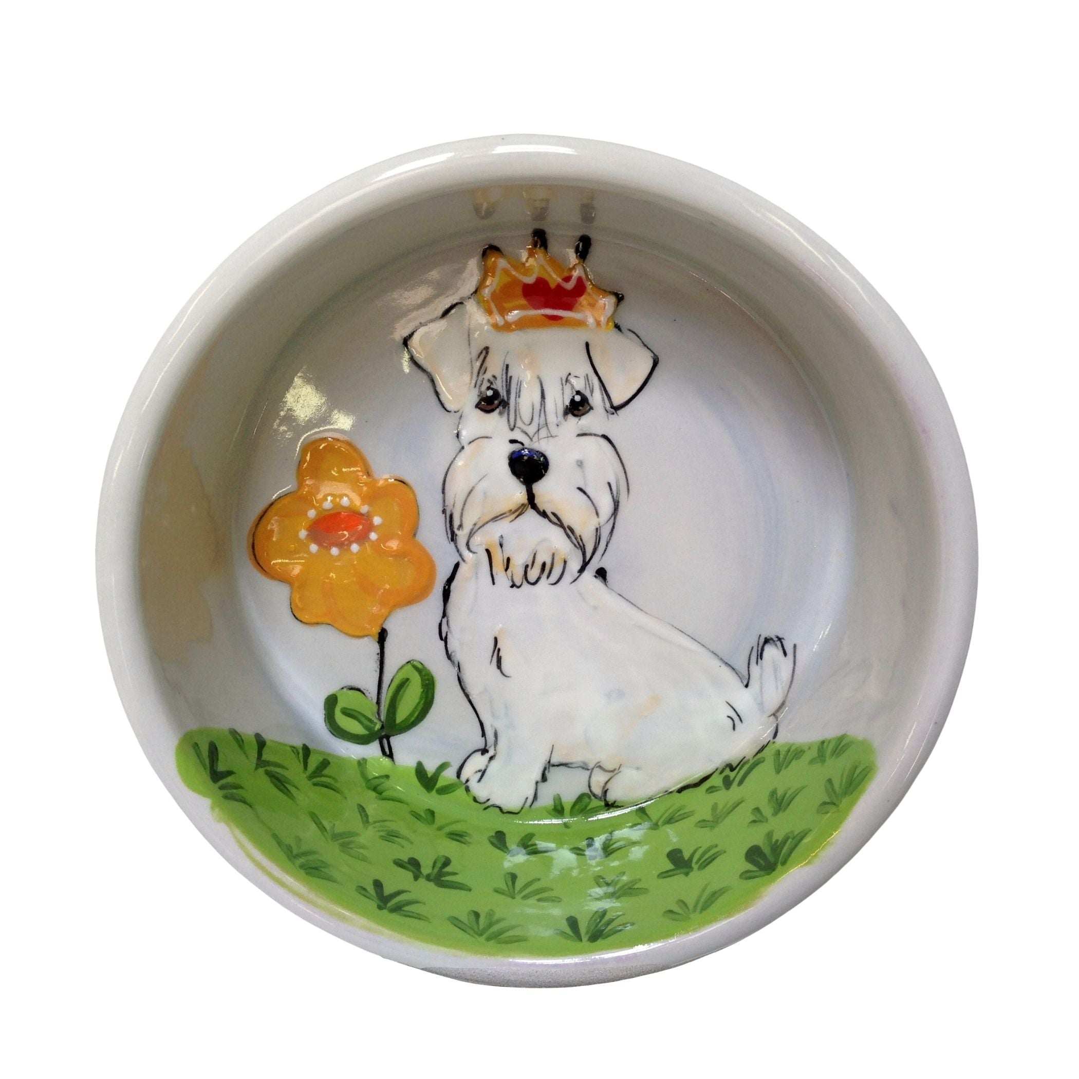 Hand-painted ceramic bowl featuring a crowned Sealyham Terrier and a yellow flower by Debby Carman, food safe, microwave and dishwasher safe, a royal pet dining accessory, available at FauxPaw.com.