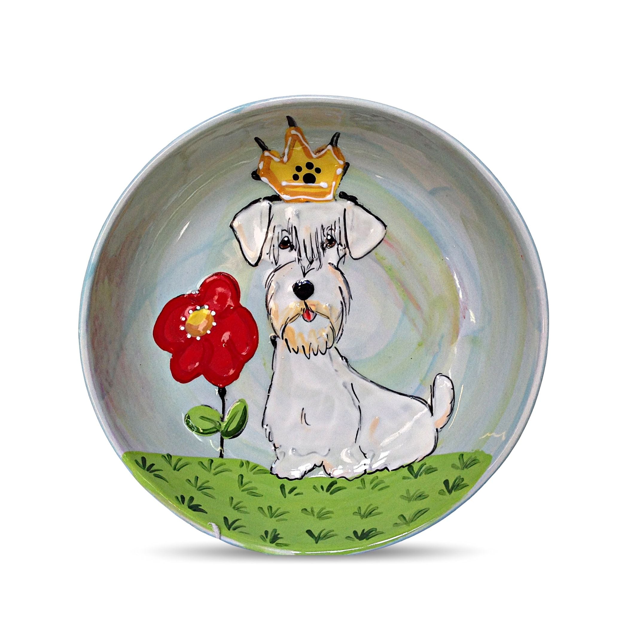 Hand-painted ceramic bowl with a crowned Sealyham Terrier and a red flower on a grey swirling background by Debby Carman, food safe, microwave and dishwasher safe, perfect for regal pets, available at FauxPaw.com