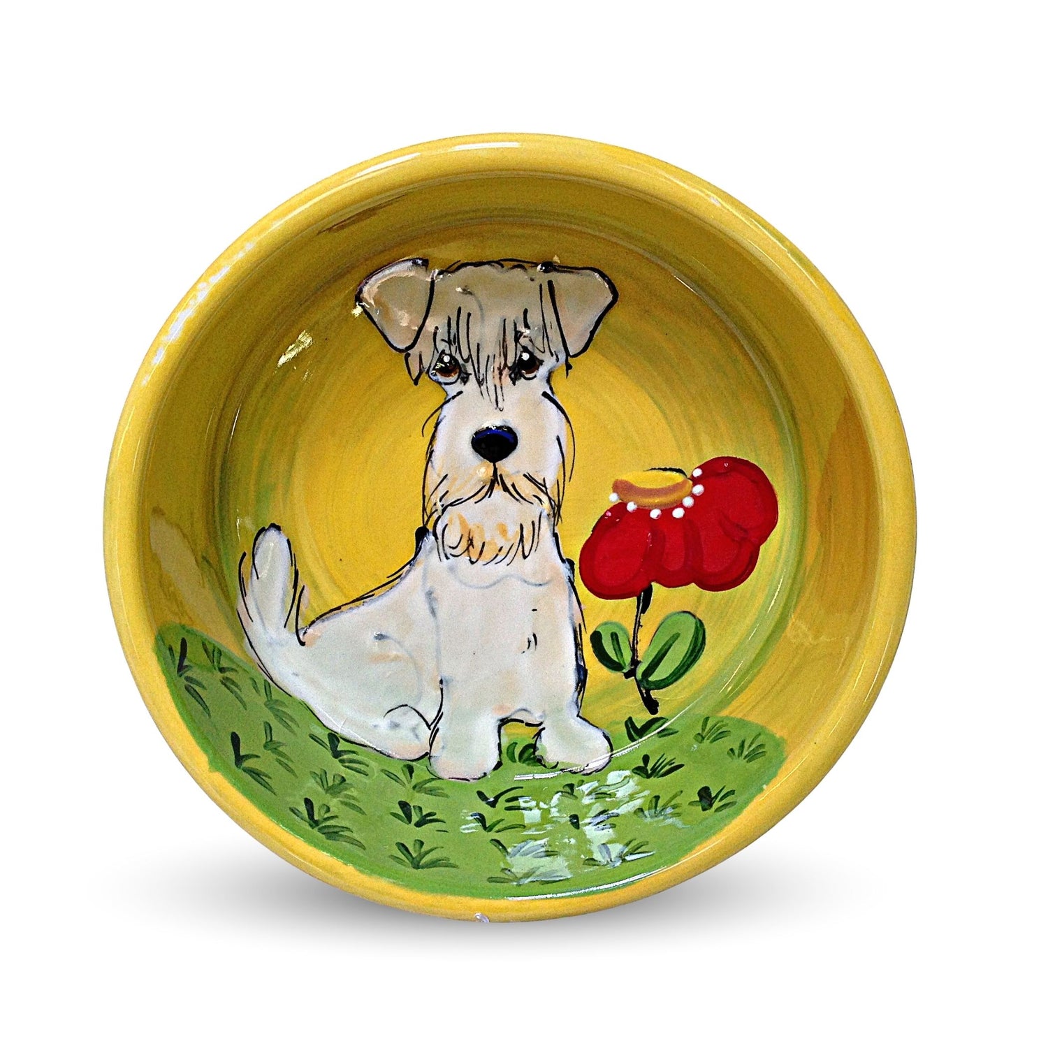 Hand-painted ceramic bowl with a Sealyham Terrier and a red flower on a vibrant yellow background by Debby Carman, food safe, microwave and dishwasher safe, perfect for a bright pet dining experience, available at FauxPaw.co