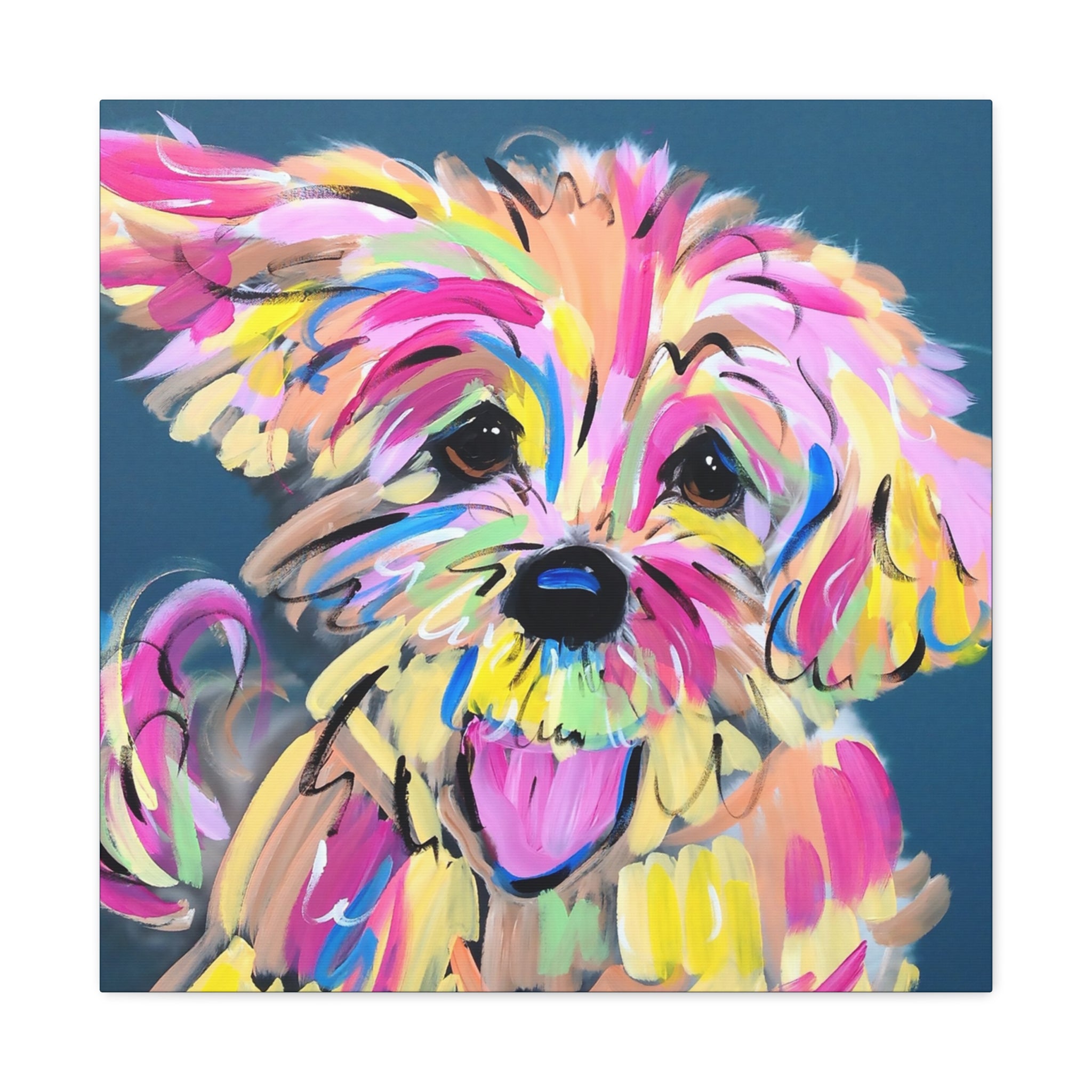 Colorful Happy Dog Face Painting by Pet Artist Debby Carman - Premium Canvas Artwork for Pet Lovers