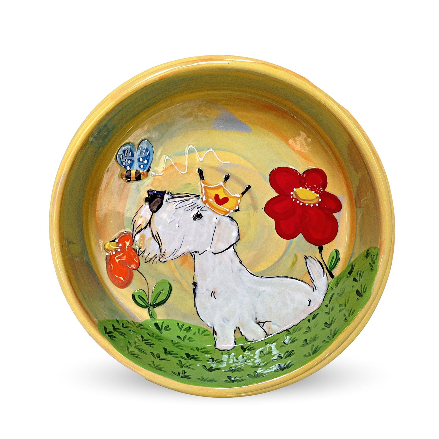 Hand-painted Sealyham Terrier ceramic bowl with royal crown and garden scene by Debby Carman, food safe, microwave and dishwasher safe, for a regal pet dining experience, available at FauxPaw.com