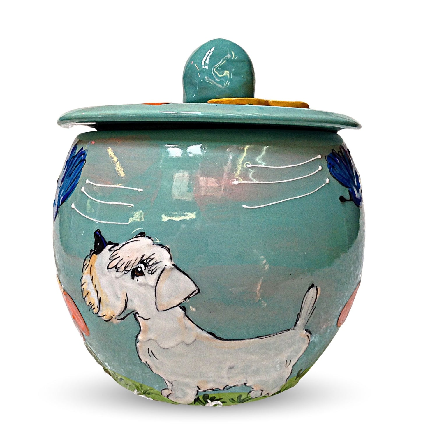 Elegant ceramic treat jar with crowned Sealyham Terrier paintings and lush garden design, by Debby Carman, food safe, for storing pet treats, available at FauxPaw.com.