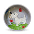 Hand-painted ceramic Sealyham Terrier bowl with heart designs on a grey background by Debby Carman, food safe, microwave and dishwasher safe, showcasing pet adoration, available at FauxPaw.com