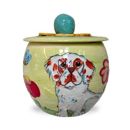 Clumber Spaniel painted ceramic cookie jar, customizable with name, showcasing front view with butterflies by Debby Carman.