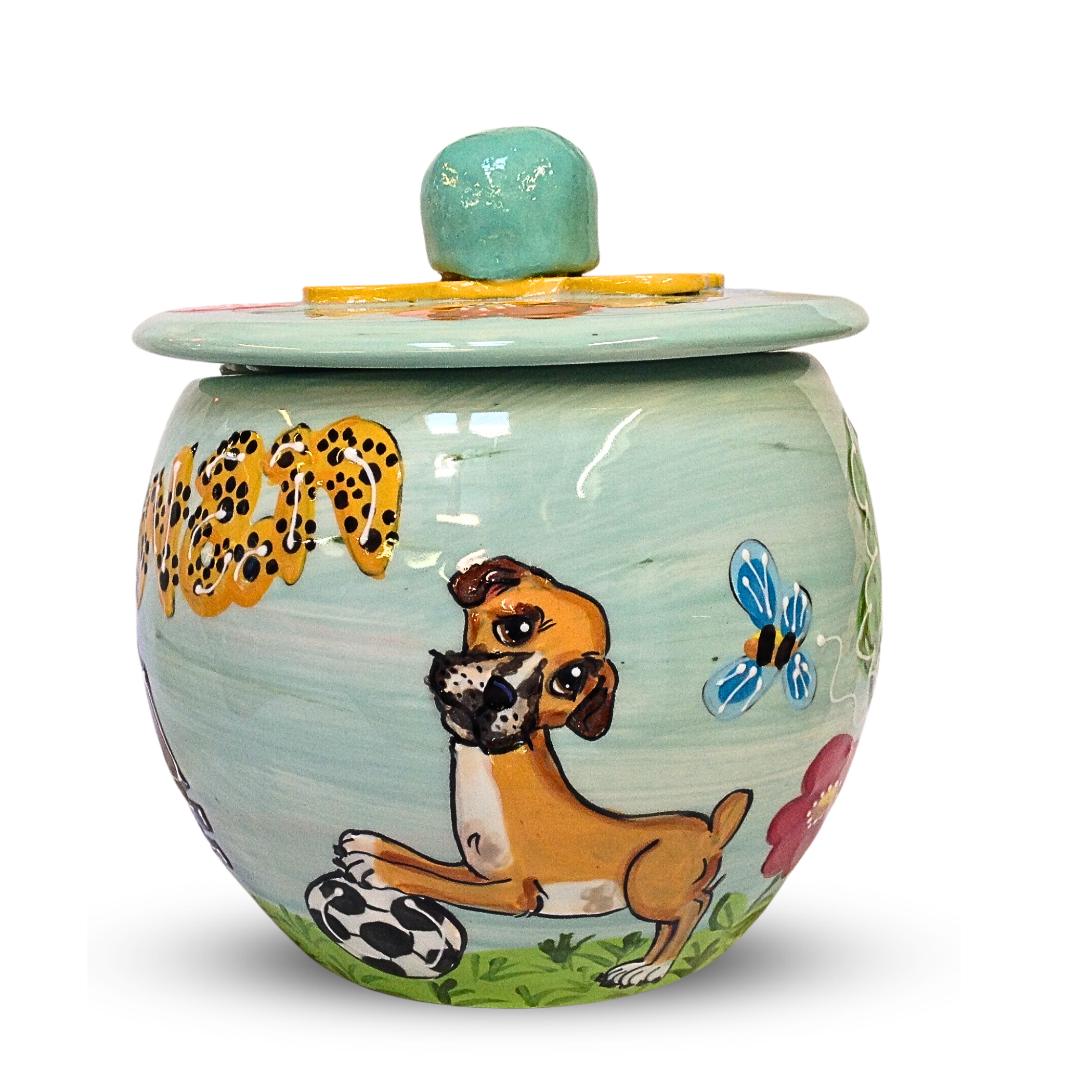 Artisanal treat jar painted with a frolicsome dog, leopard spots, and whimsical insects, topped with a pastel blue lid adorned with a sunny yellow accent