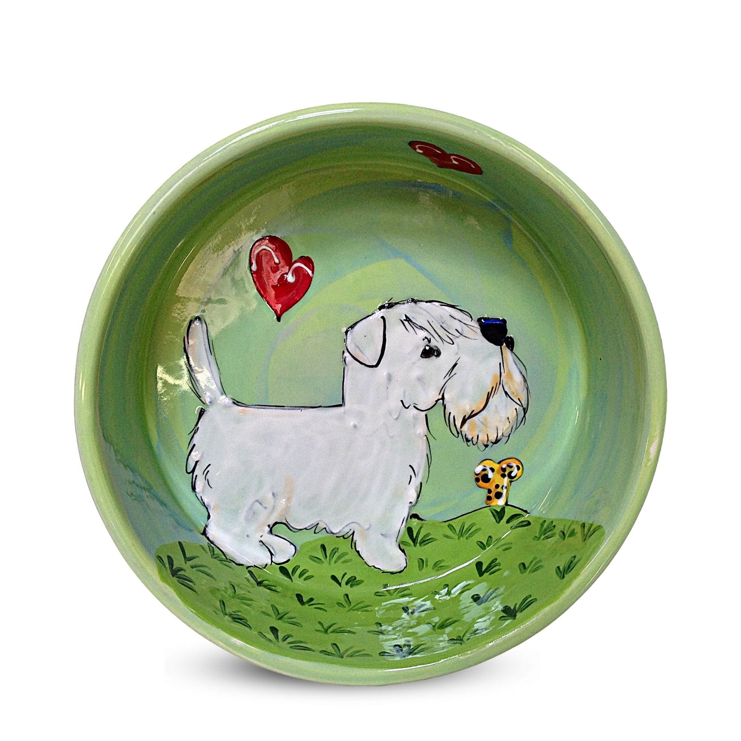 Hand-painted ceramic bowl with a Sealyham Terrier, heart designs, and a butterfly by Debby Carman, food safe, microwave and dishwasher safe, a bowl full of love, available at FauxPaw.com.