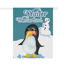 Winter-themed house banner featuring a cheerful penguin with a snowman in the background, highlighted by the caption 'Winter Wonderland' set against a snowfall backdrop.