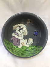 Bichon Frise dog bowl set with toy