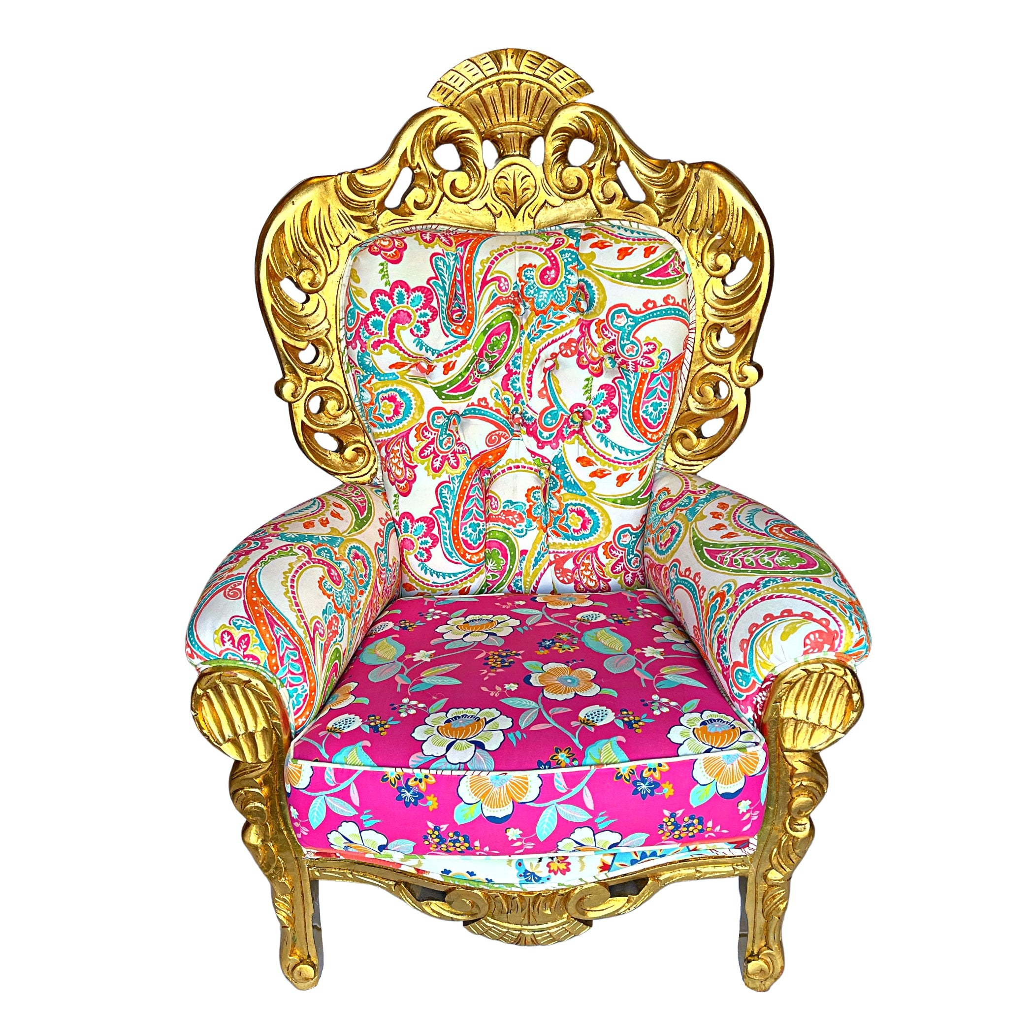 Opulent gold-framed armchair with paisley and floral upholstery in vivid pink, turquoise, and gold, showcasing baroque design elements