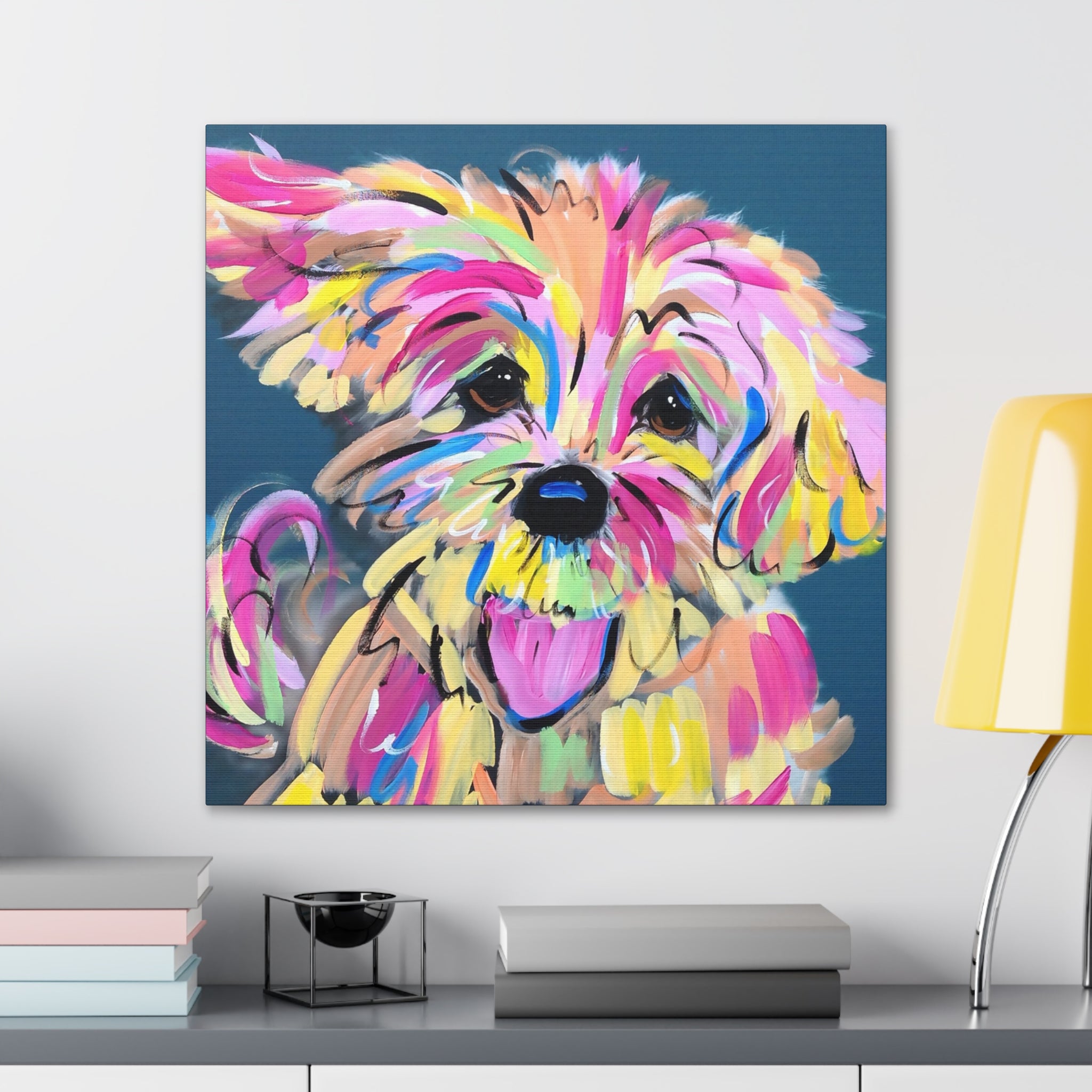 Colorful Happy Dog Face Painting by Pet Artist Debby Carman - Premium Canvas Artwork for Pet Lovers