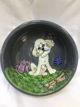 Bichon Frise dog bowl set with toy