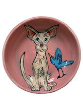 Hairless cat dish with birdie