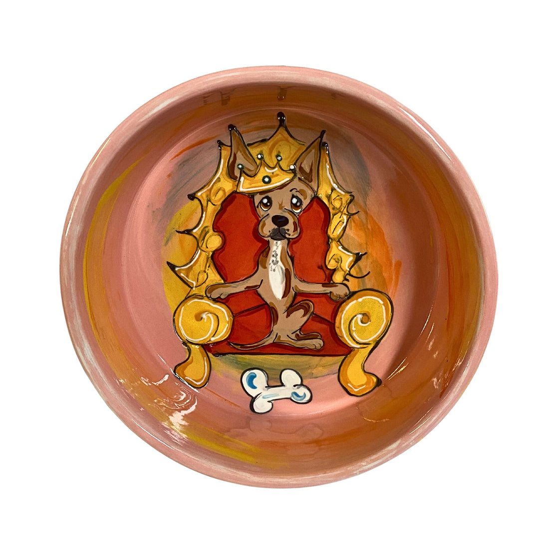 Elegant hand-painted ceramic bowl with a crowned Chihuahua on a throne, ideal for personalization with a pet&