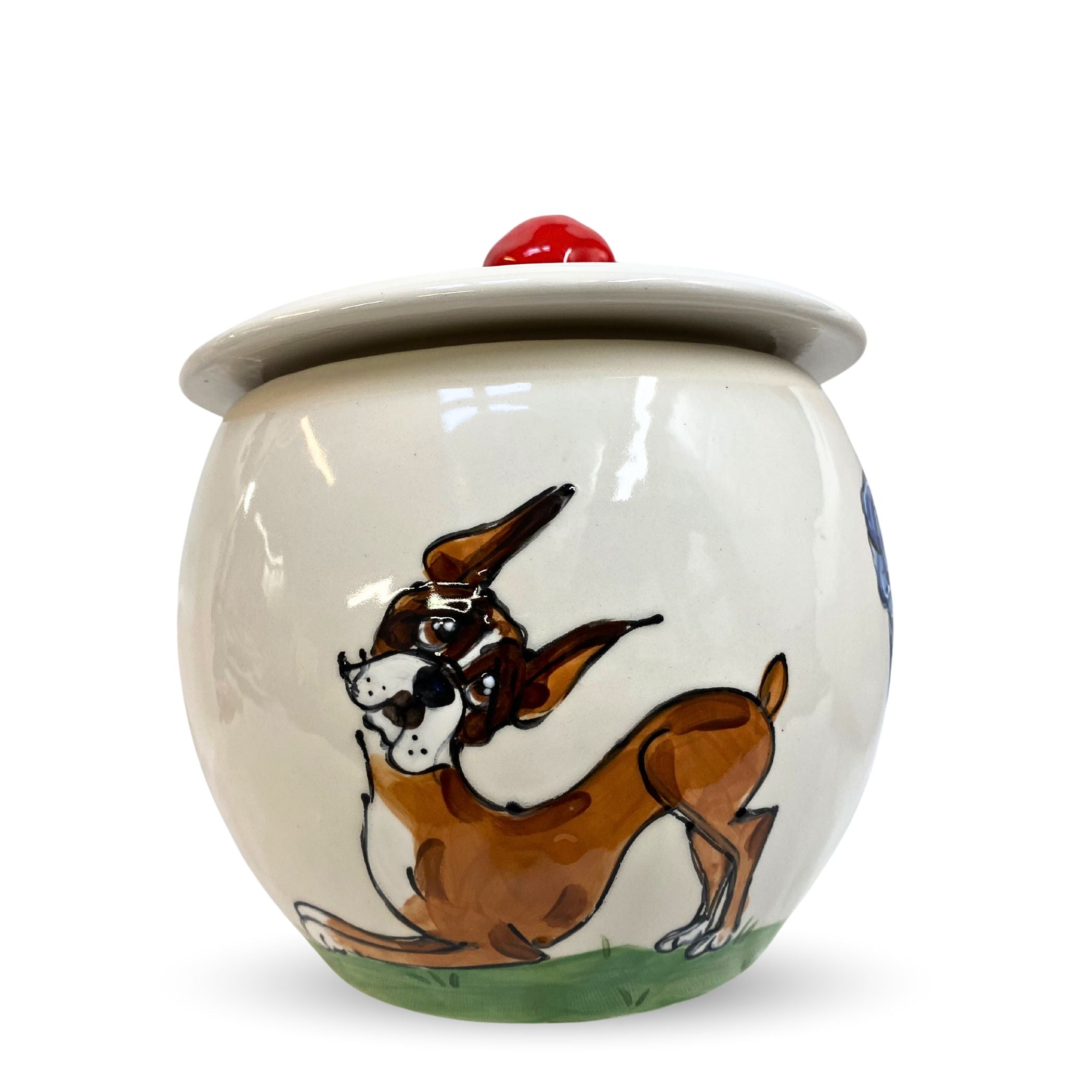 Artistic ceramic cookie jar featuring a lively Boxer dog in mid-run, crafted and painted by Faux Paw