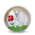 Hand-painted ceramic dog bowl featuring a sketch of a dog beside a red flower, created by Debby Carman, food safe, microwave and dishwasher safe, available at FauxPaw.com.