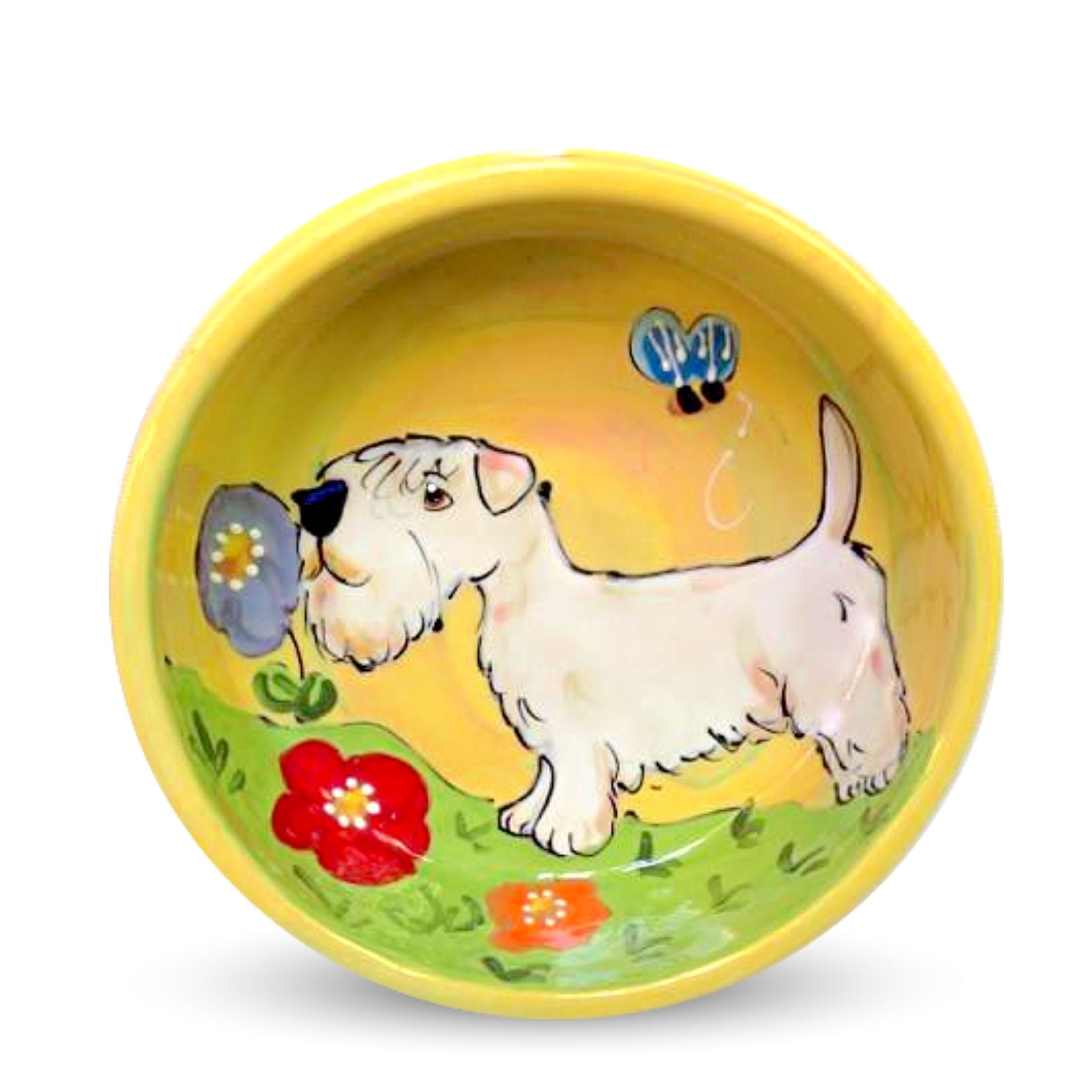 Sunshine yellow hand-painted ceramic pet bowl with a dog, flowers, and butterfly design by Debby Carman, illustrating a playful garden scene, food safe, microwave and dishwasher safe from FauxPaw.com.