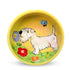 Sunshine yellow hand-painted ceramic pet bowl with a dog, flowers, and butterfly design by Debby Carman, illustrating a playful garden scene, food safe, microwave and dishwasher safe from FauxPaw.com.