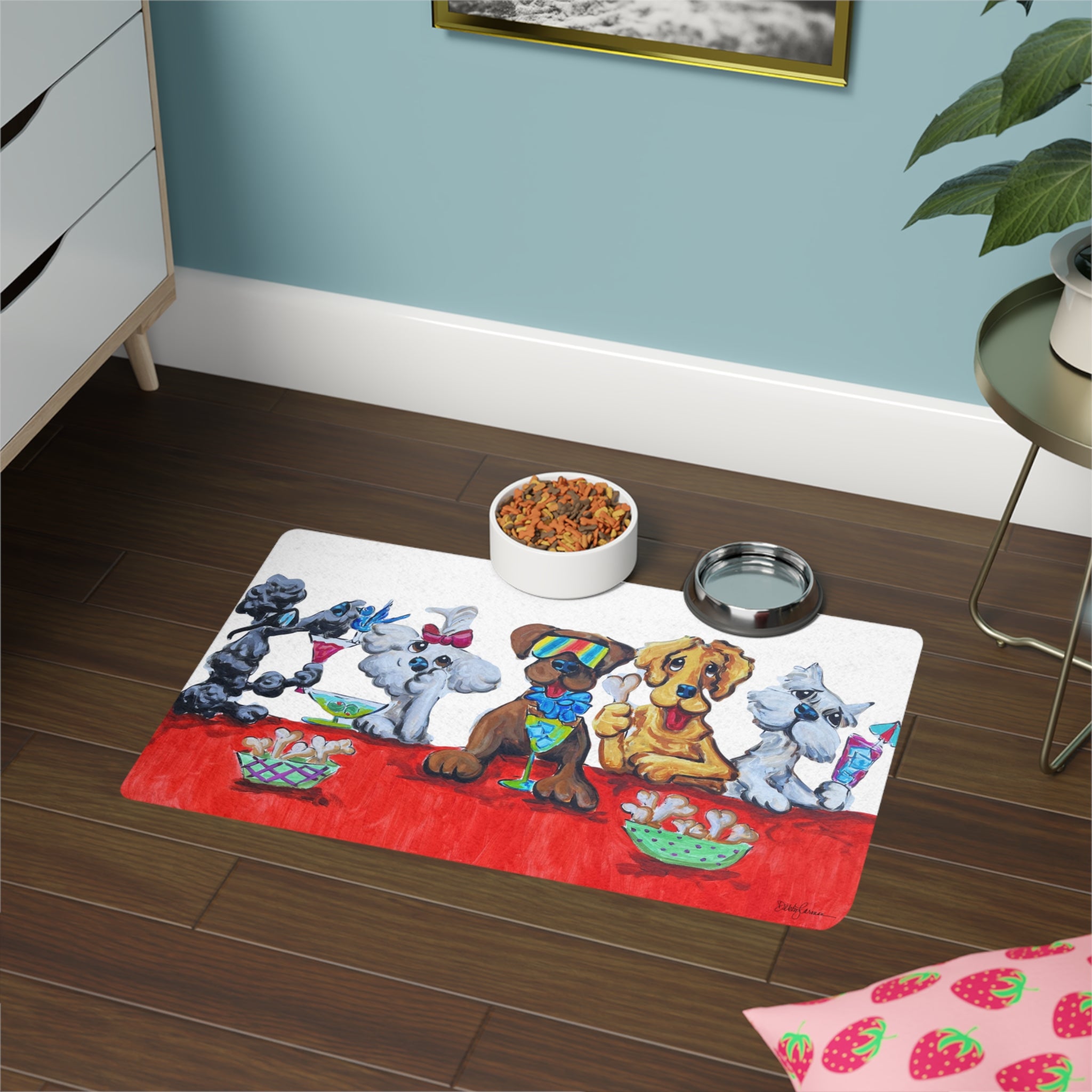 Yappy Hour Dog and Cat Pet Food Mat - Funny Dogs Enjoying Cocktails at the Bar