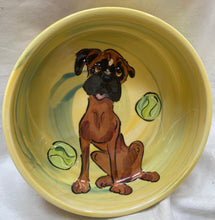 Yellow with blue swirl Dog Bowl Featuring Hand-Painted Boxer Dog by Debby Carman