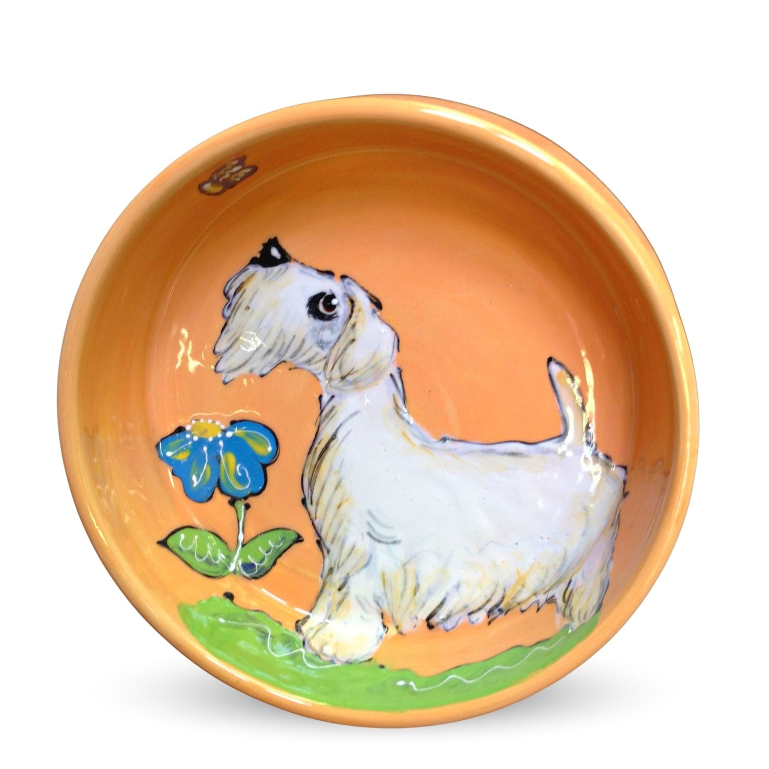 Hand-painted Sealyham Terrier ceramic dog bowl with a blue flower and bee design on an orange background, food safe, microwave and dishwasher safe, by Debby Carman, available on FauxPaw.com