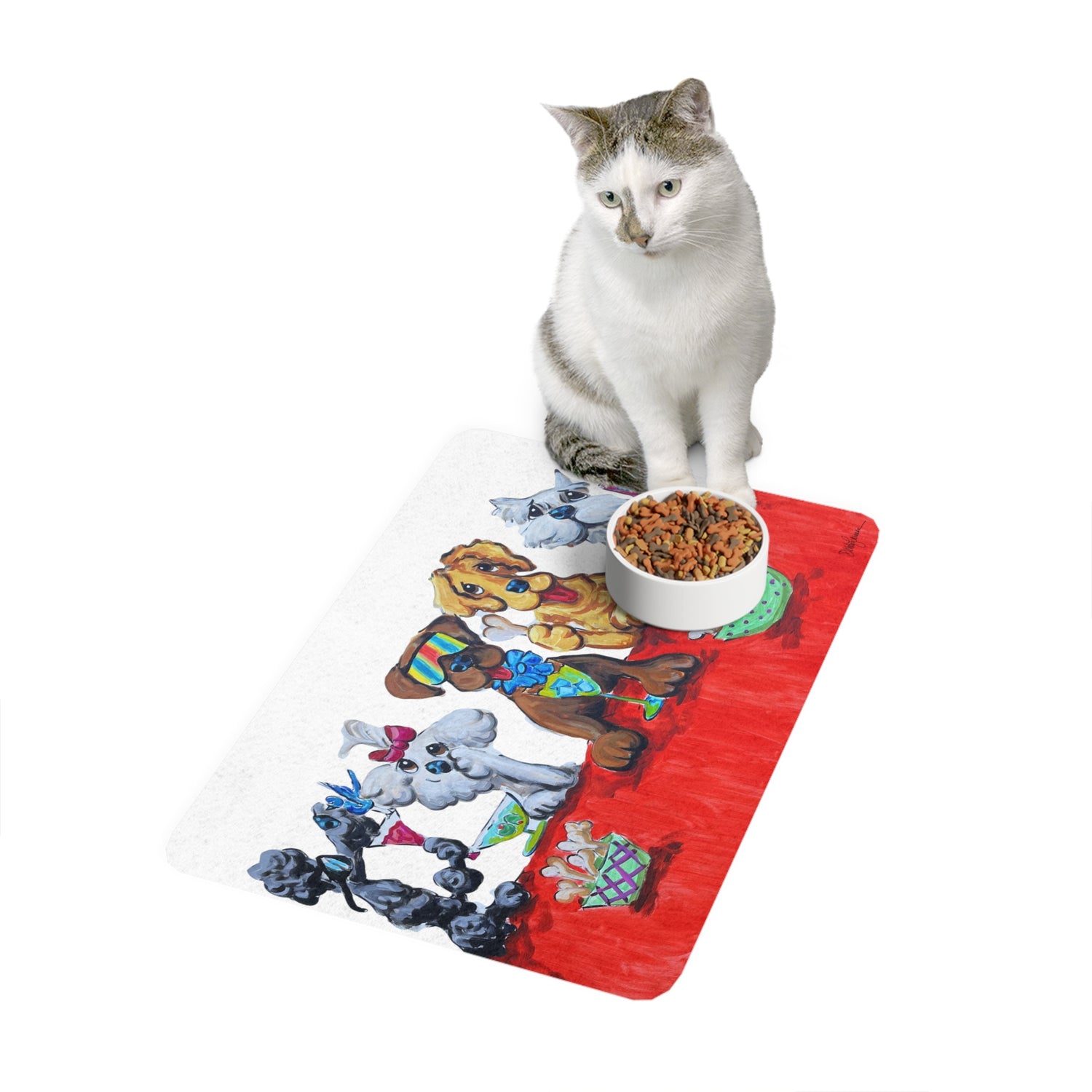 Yappy Hour Dog and Cat Pet Food Mat - Funny Dogs Enjoying Cocktails at the Bar