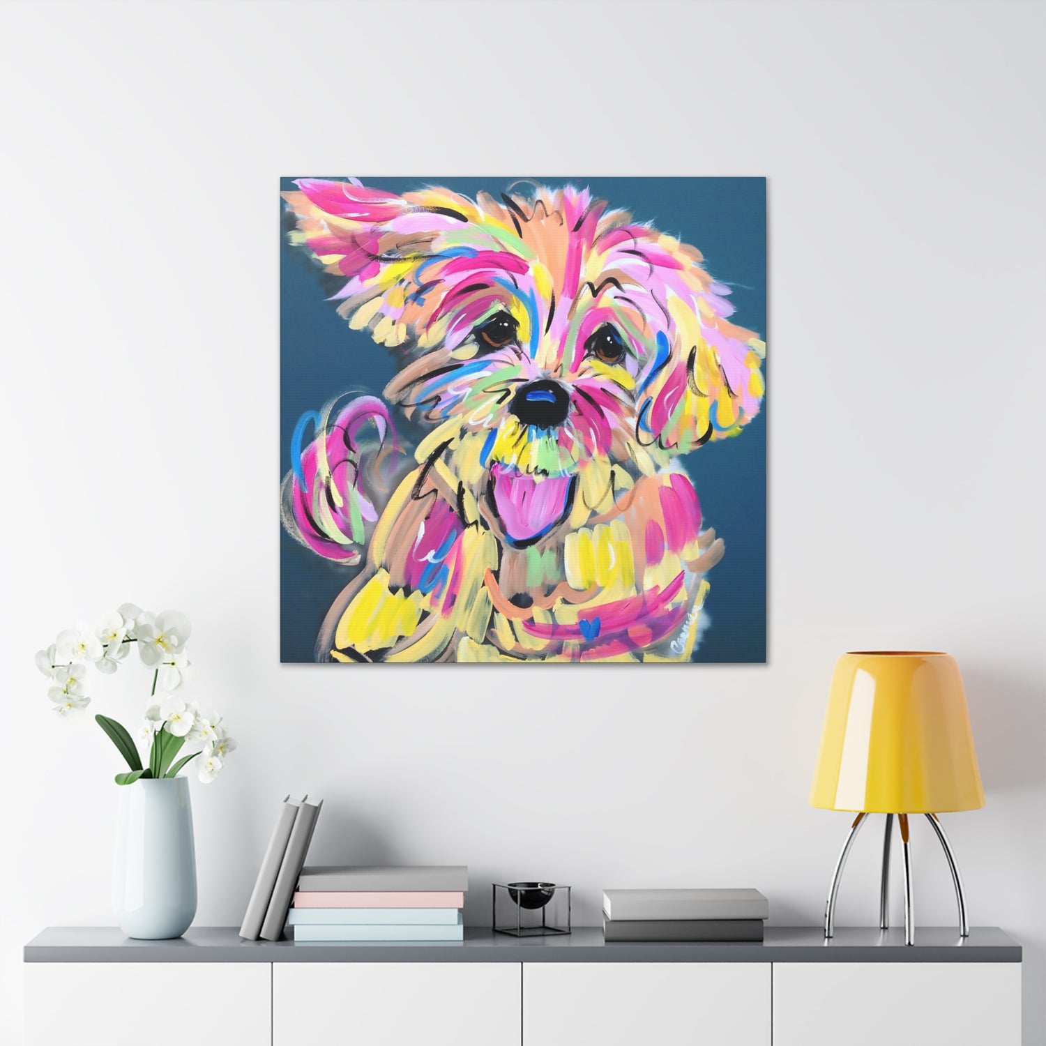 Colorful Happy Dog Face Painting by Pet Artist Debby Carman - Premium Canvas Artwork for Pet Lovers