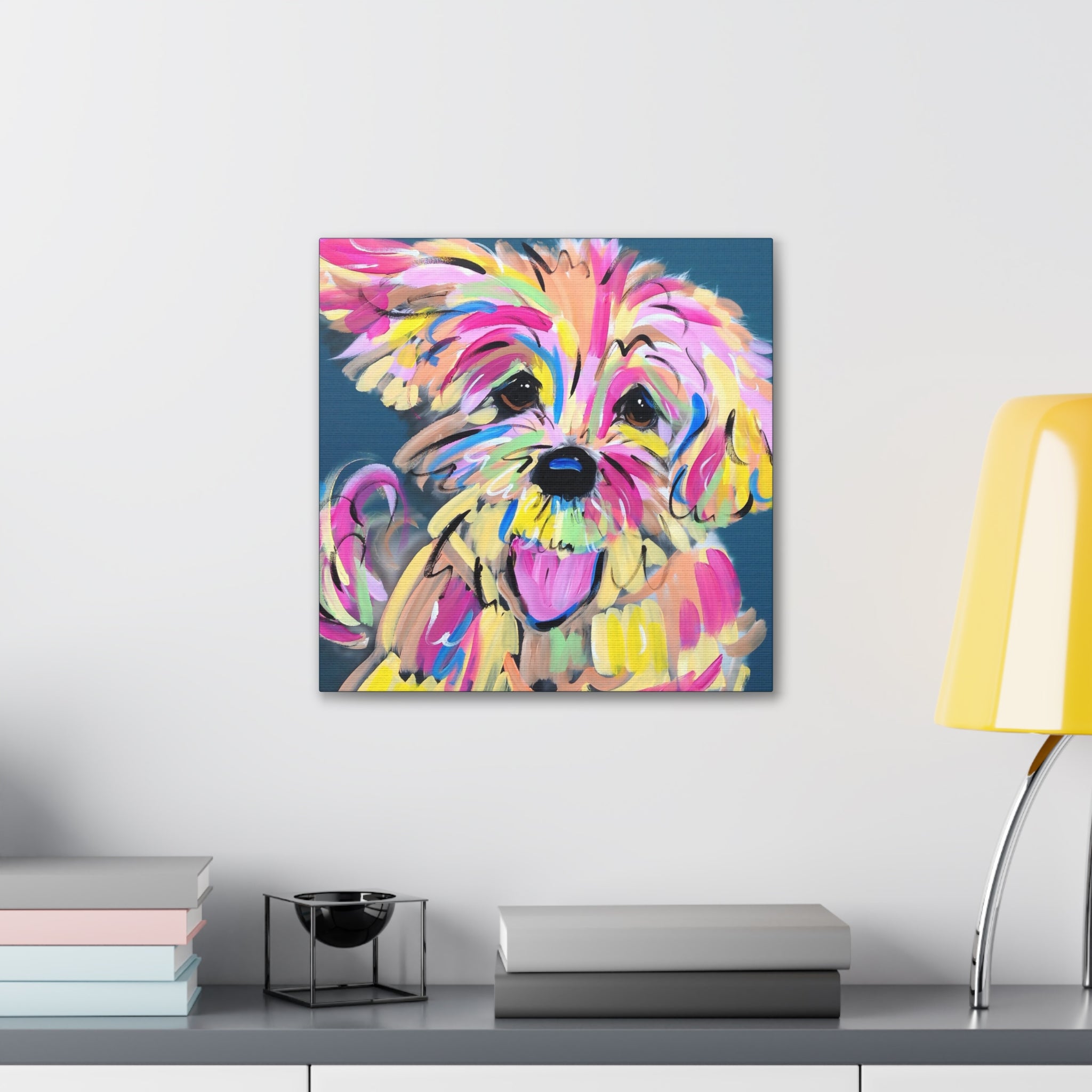 Colorful Happy Dog Face Painting by Pet Artist Debby Carman - Premium Canvas Artwork for Pet Lovers